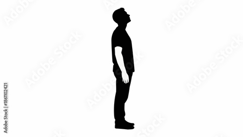 Silhouette of a man looking upwards against a white background.