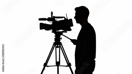 Silhouette of a man operating a professional video camera on a tripod.