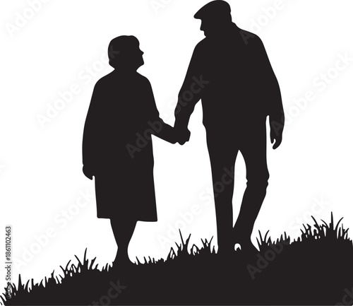 Silhouette of Elderly Couple Walking Uphill Hand in Hand on Grass