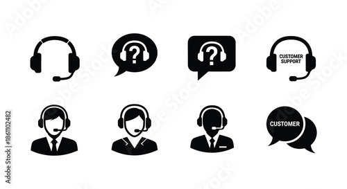 Collection of customer service icons depicting headsets and questioning faces a black silhouette