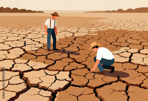 Two farmers in a barren landscape observe cracked earth, signifying drought