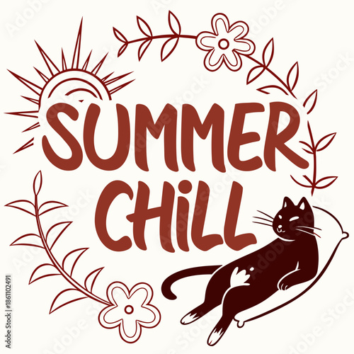 Charming Hand-Drawn Summer Chill Illustration with a Relaxing Black Cat in a Floral Wreath Design, Perfect for Seasonal Themes and Casual Vibes
