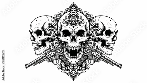 Ornate skulls with crossed guns illustration.