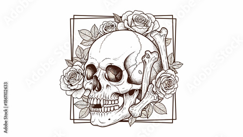 Skull Surrounded by Roses in Ornate Frame.