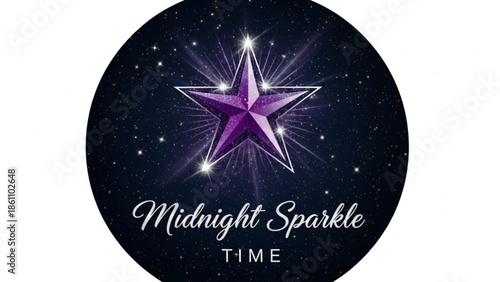 Glowing purple star on dark blue background with white sparkles and text reading midnight sparkle time