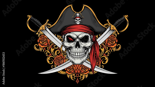 Pirate Skull Emblem with Swords and Bandana Design.