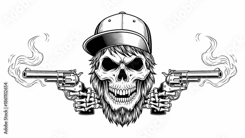 Skull portrait with cap and crossed pistols.