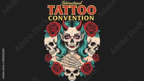 Skull and Roses Tattoo Art With Turquoise Hair.
