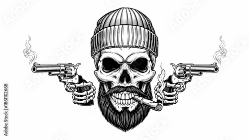 Skull with beanie and crossed pistols graphic.