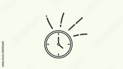 A simple line drawing of an analog clock with sunburst lines radiating from it, symbolizing morning, time, and punctuality in a minimalist style