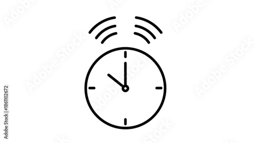 Alarm clock ringing with sound waves, black and white icon, simple illustration, time concept