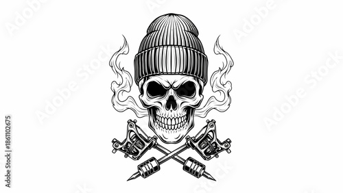 Skull Wearing Beanie with Crossed Pistols Illustration.