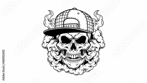 Skull with cap and flames illustration graphic design.