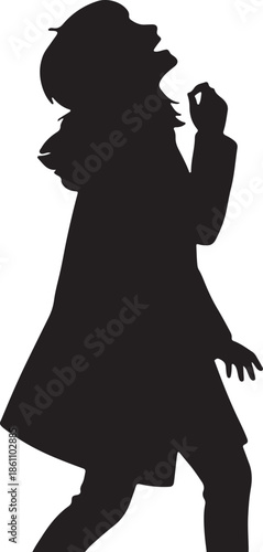 Excited woman silhouette laughing out loud, isolated black cutout design.