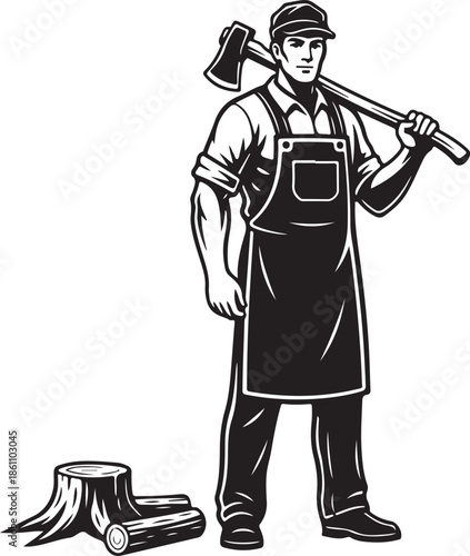 Black and White Lumberjack Woodcutter Worker with Axe, Stump, and Logs Vector Illustration