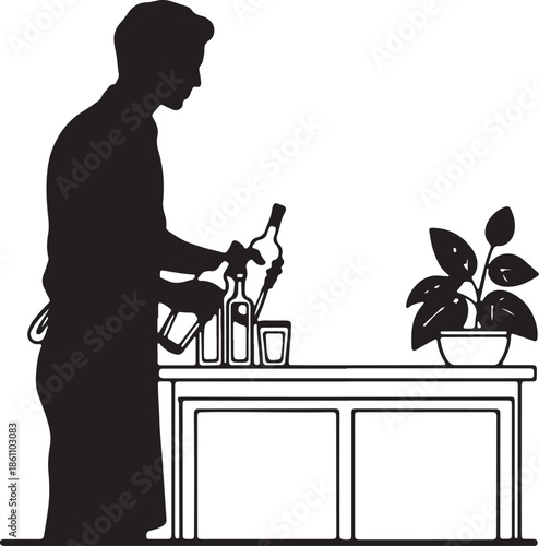Bartender silhouette preparing cocktails at bar counter black and white illustration.