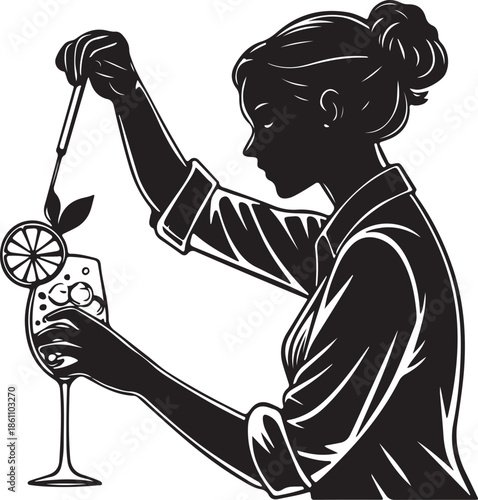 Black and White Silhouette of Female Bartender Garnishing Cocktail Drink