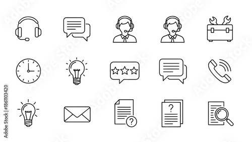 A collection of simple black and white line icons representing various customer service, communication, and business-related concepts