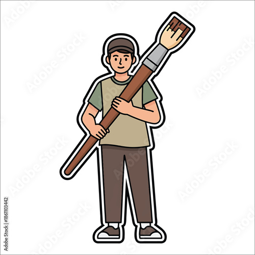 Title: A person in a green and tan shirt and brown pants holding a large paintbrush
