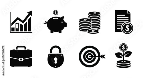 Financial icons representing growth savings security and investment opportunities in a dark silhouette