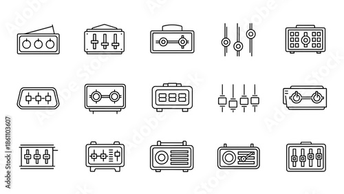 A collection of simple black and white line icons representing various electronic control panels and sound mixing devices with toggles