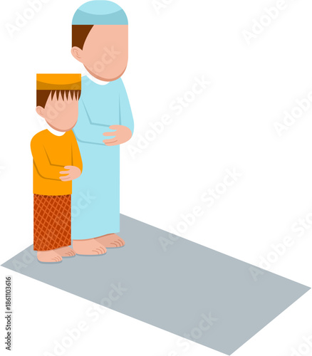 Muslim Father And Son Praying Together Illustration
