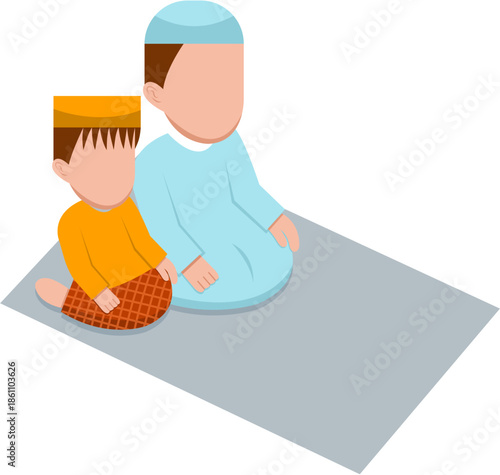 Muslim Father And Son Praying Together Illustration