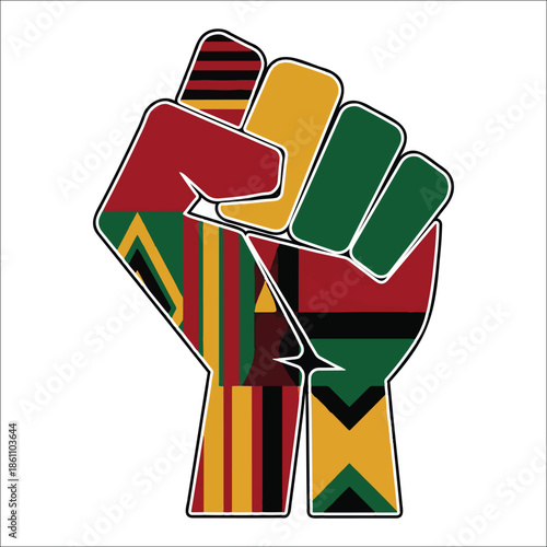 Title: Colorful raised fist symbol with red black and green stripes and yellow accents outlined