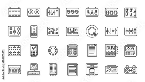 A collection of simple black and white line icons representing various electronic devices, control panels, and interfaces. Includes sliders, buttons, and displays