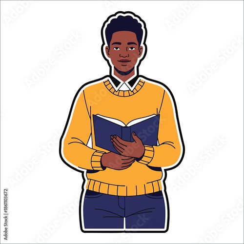 Title: of a person reading a book wearing a yellow sweater with black accents on a white background