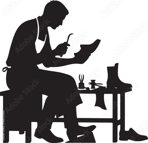 Shoemaker or Cobbler Silhouette Repairing a Shoe with Tools on a Bench