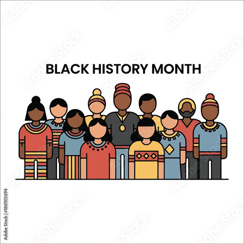 Title: Group of stylized people standing together in a row with colorful traditional clothing and