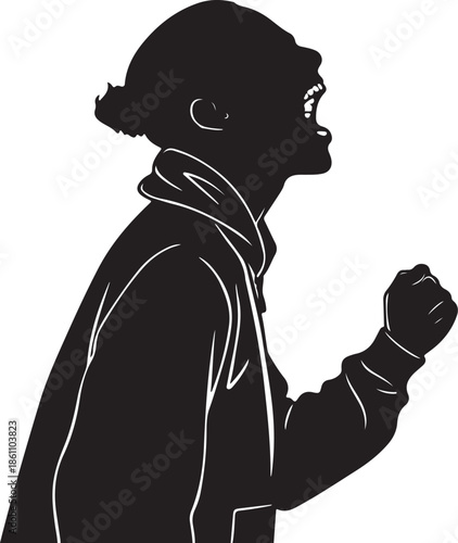 Youth in hoodie silhouette screaming with clenched fist on white background.