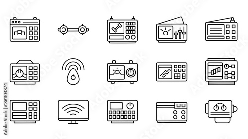 A collection of simple black and white line icons representing various electronic devices, radios, and displays