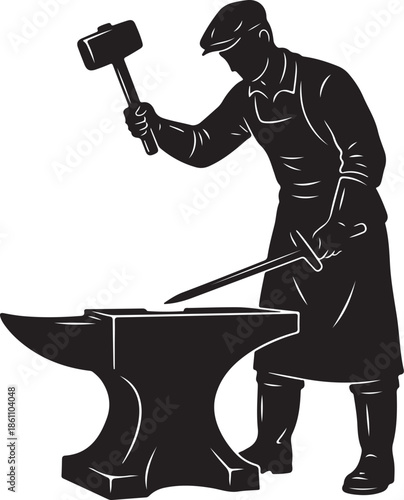 Blacksmith Working at Anvil Silhouette Vector Illustration Icon