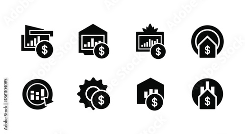 A collection of financial icons depicting growth investment and property value in silhouette