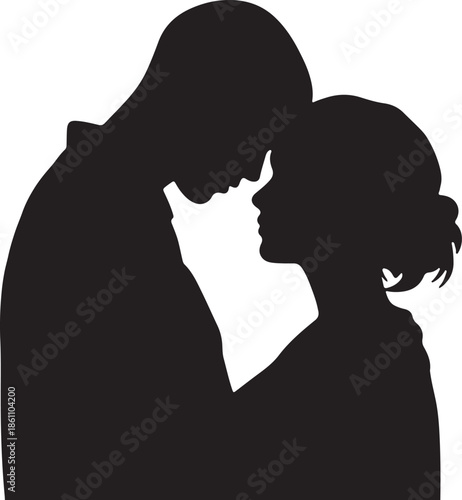 Black silhouette of loving couple embracing, foreheads touching, white background