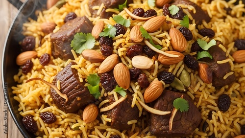 A detailed shot of delicious Indian biryani dish, garnished with nuts and raisins. The rice is aromatic with spices, ready to be enjoyed