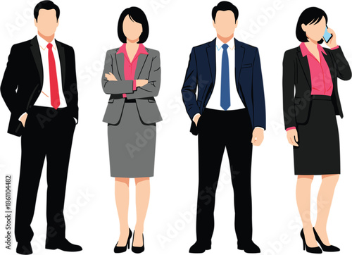 Business professionals standing together in formal attire, diverse corporate team illustration representing leadership, workplace fashion, communication, and success