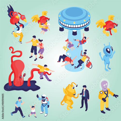 Alien invasion infographics layout landscape mysterious kidnap visitors bright trees stars creature aircraft 3d illustration science fiction danger