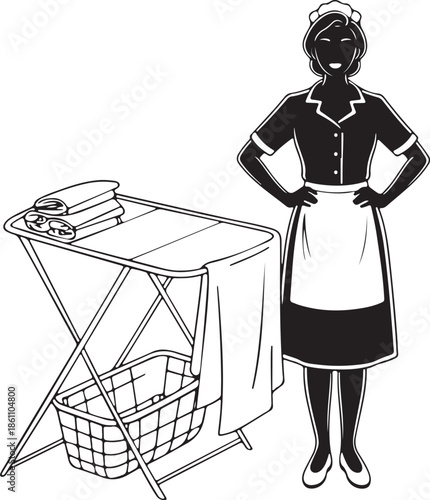 Smiling Housekeeper with Laundry Basket and Folding Rack Black Silhouette Vector