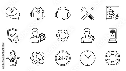 A collection of simple, black and white line drawings representing various service icons help, support, settings, and more