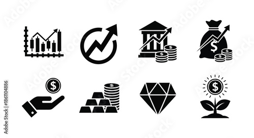 A collection of financial icons representing growth investment and wealth in silhouette