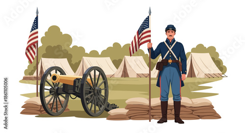 Civil War Soldier Standing with Cannon.