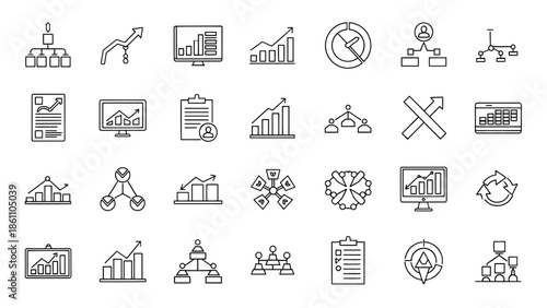 A collection of outlined diagrams and graphs, including charts, timelines, organizational structures, and flowcharts. It showcases business and data visualizations
