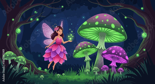 Fantasy Fairy with Glowing Mushrooms Forest.