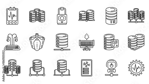 A collection of simple black and white line art icons depicting various technologies, data management, and related symbols