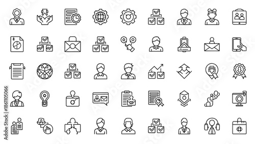A collection of simple black and white line icons representing various business-related concepts and symbols (1)