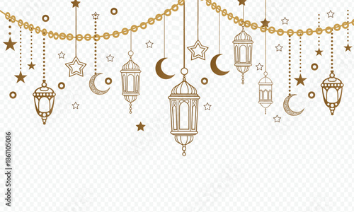 A collection of black silhouettes depicting Islamic architecture, prayer, and religious symbols on a white background.