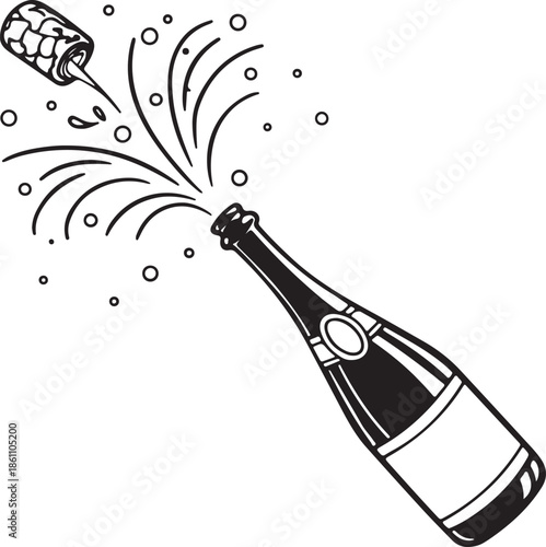 Celebration Champagne Bottle Popping Cork and Spray Black Line Art Icon